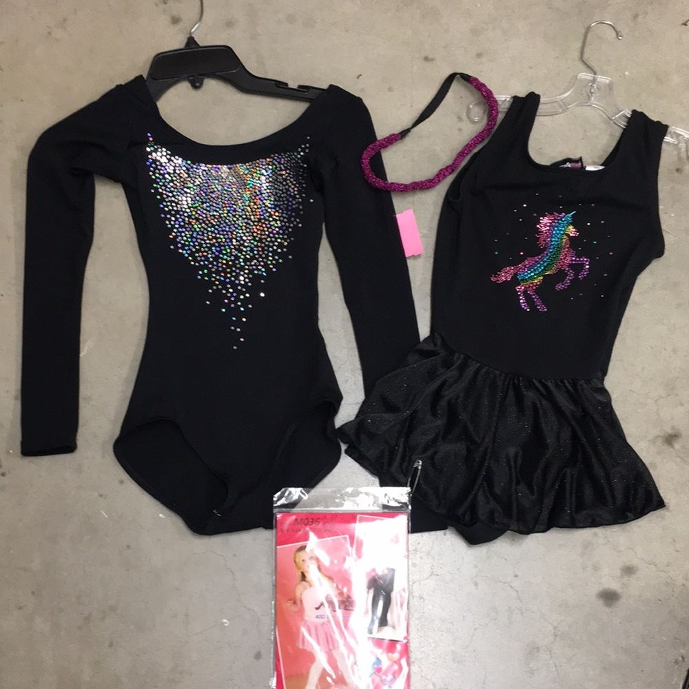 4 pc bundle of unicorn leortard‎ and flashy dancer, hair pc, white pantyhose.